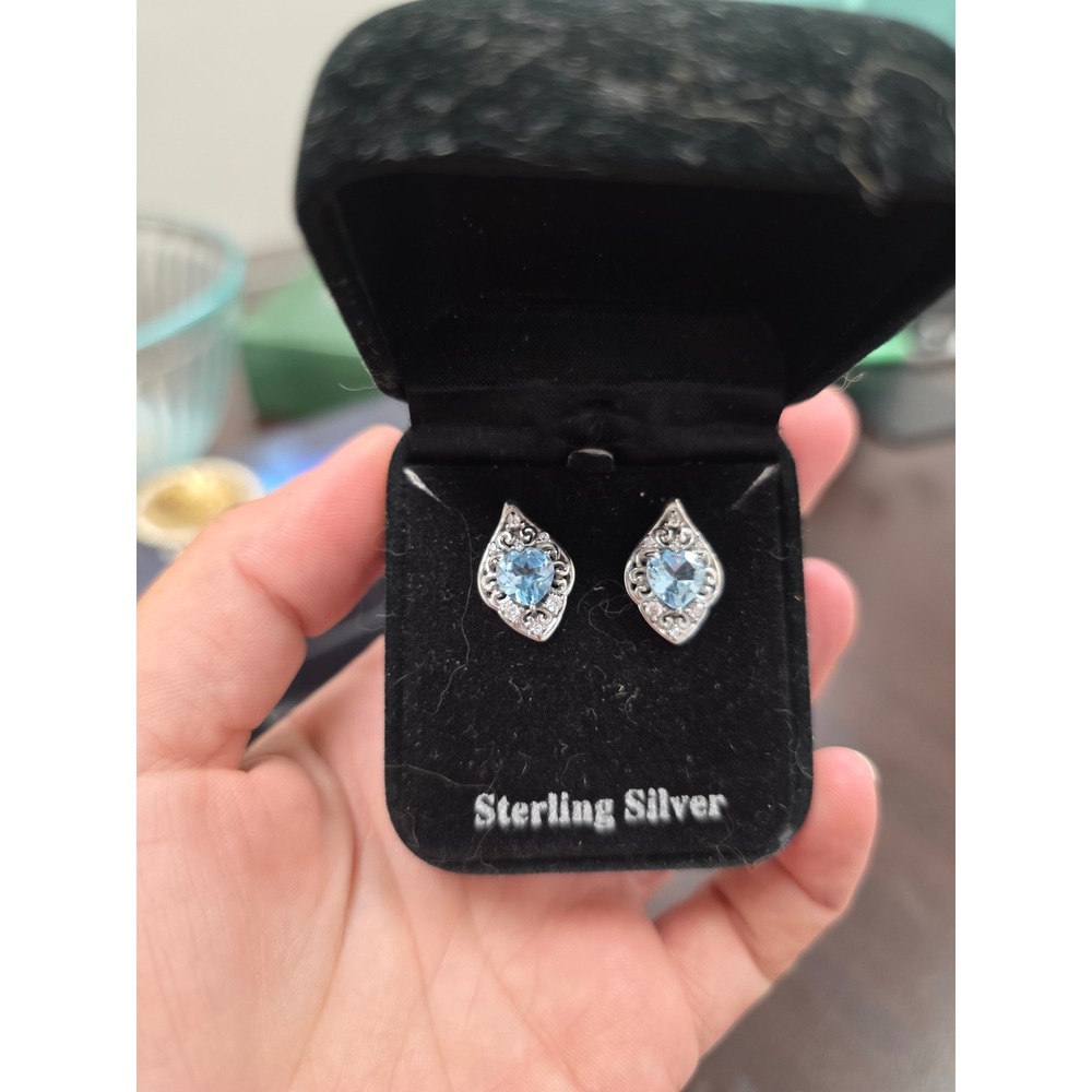 Sterling Silver Blue Topaz Heart Filigree Marquise Stud Earrings Vintage Style - Picture 3 of 16
